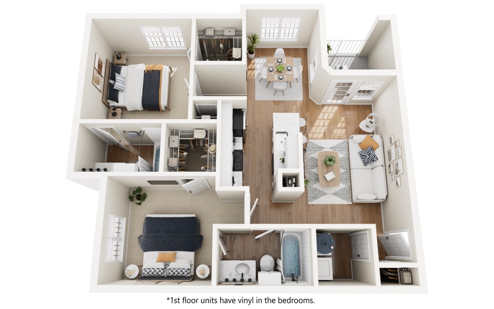 Woodland - 2 bedroom floor plan layout with 2 bathrooms and 981 square feet