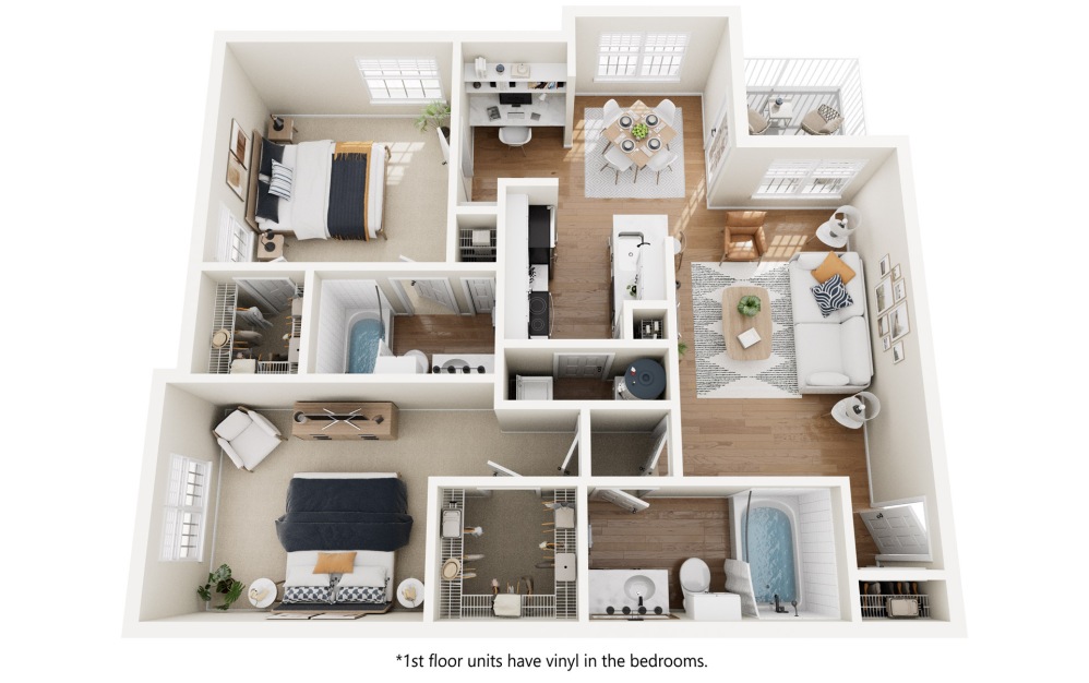 Aspen - 2 bedroom floor plan layout with 2 bathrooms and 1040 square feet