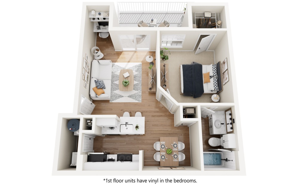 Birch - 1 bedroom floor plan layout with 1 bathroom and 643 square feet