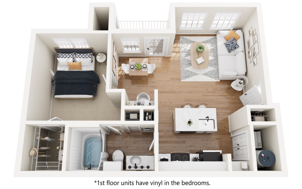 Willow - 1 bedroom floor plan layout with 1 bathroom and 733 square feet